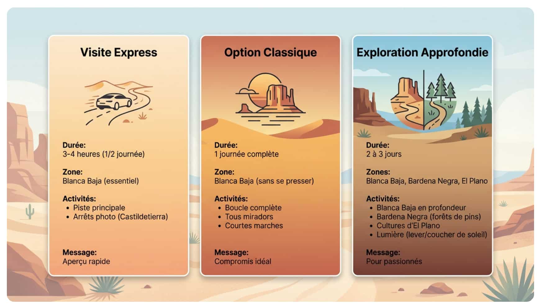 Une infographie qui explique combien de temps est nécessaire pour visiter les Bardenas en voiture.