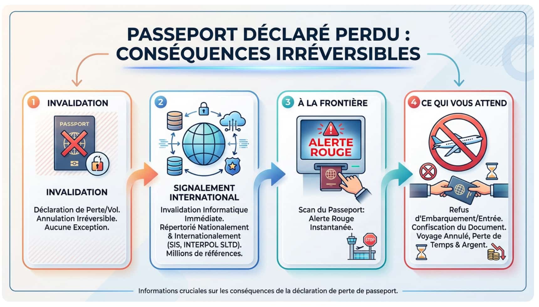 Infographie sur le sujet peut-on voyager avec un passeport déclaré perdu.