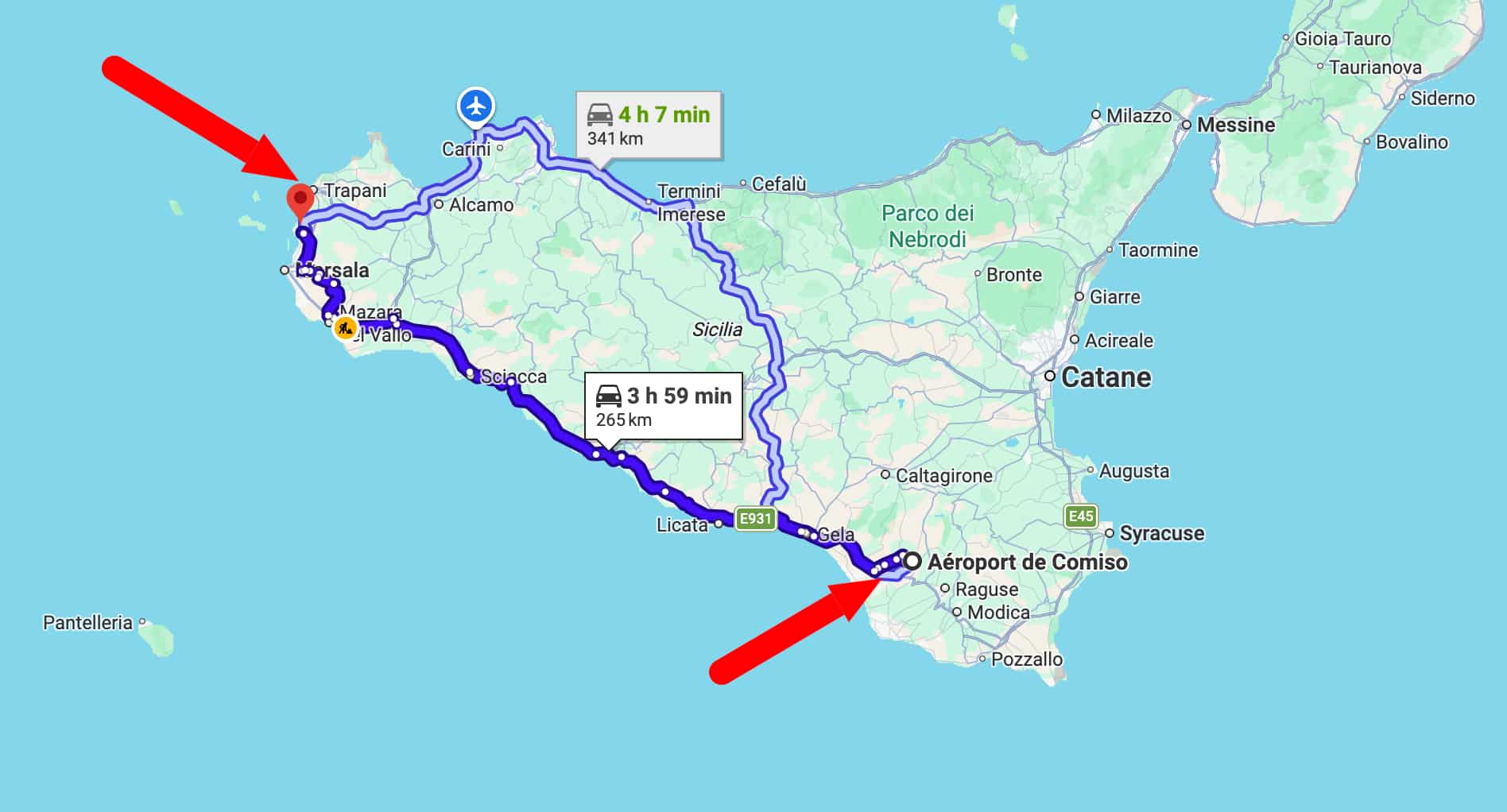 Carte des aéroports en Sicile de Trapani et Comiso.