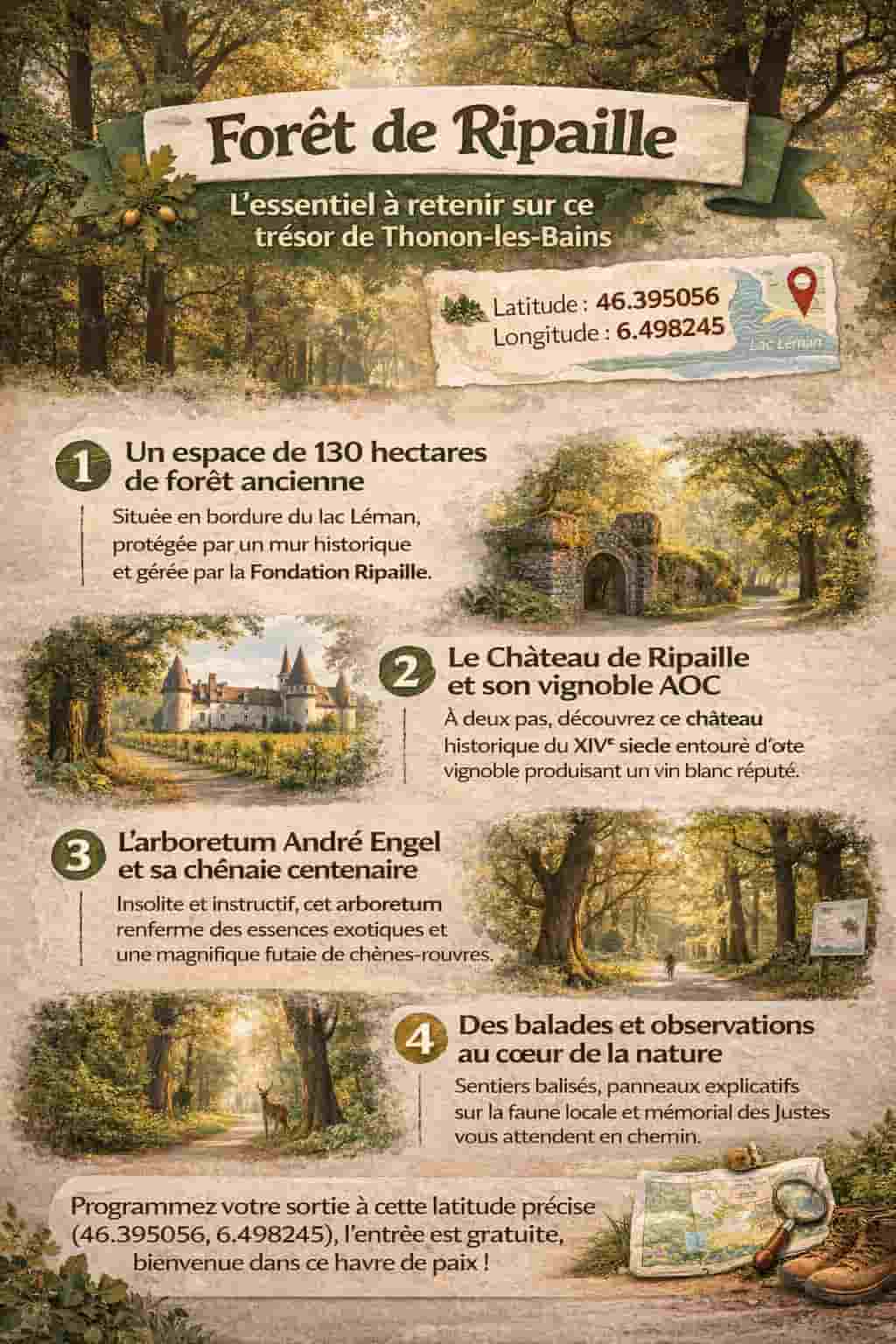 Infographie sur la forêt de Ripaille et les coordonnées GPS latitude : 46.395056 longitude : 6.498245.