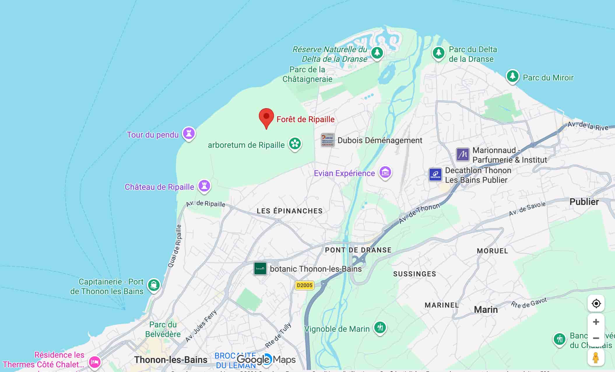 La forêt de Ripaille sur Google Maps.