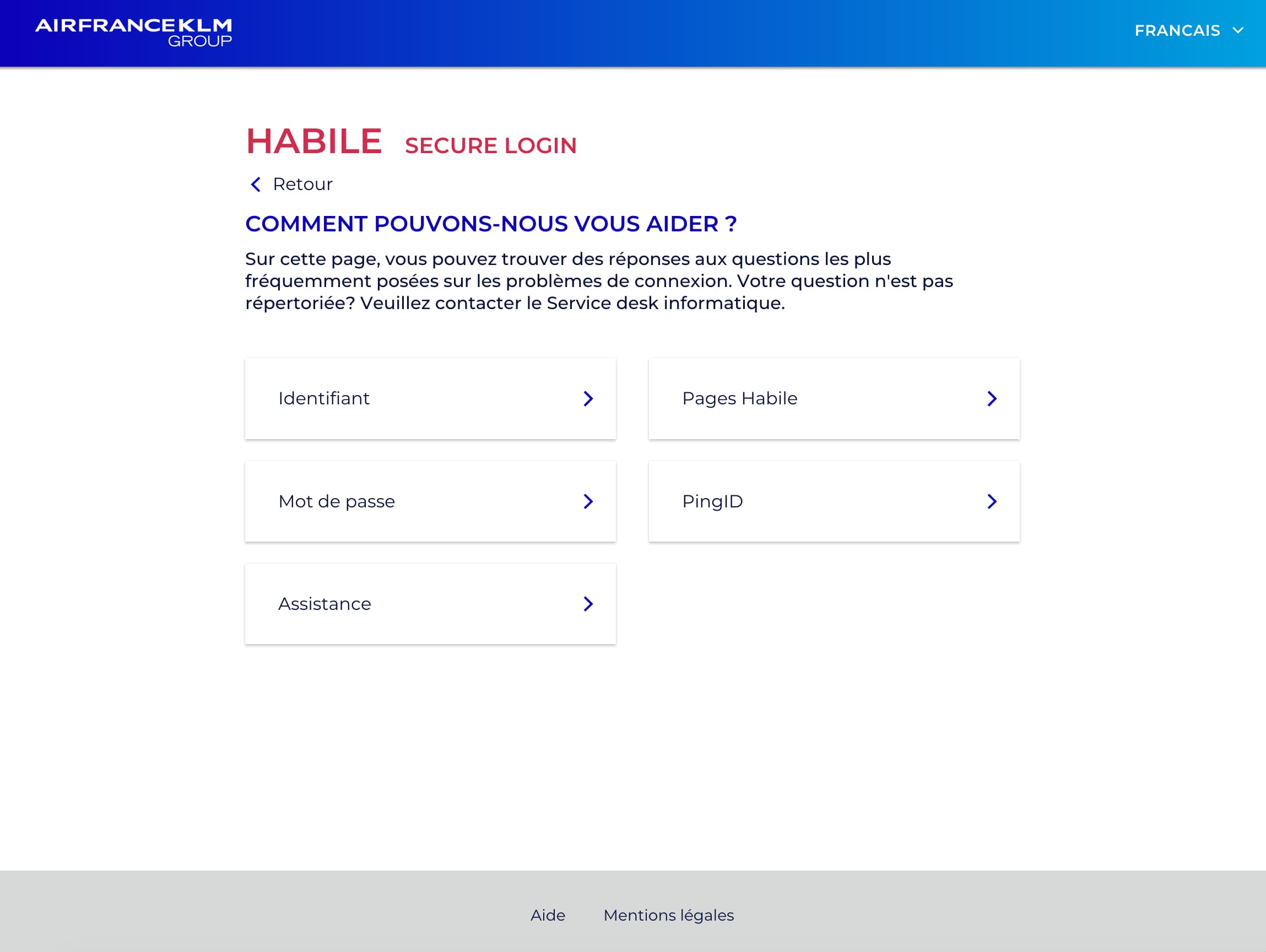 Partie aide sur Mos Chorus d'Air France.