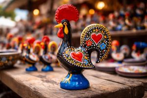 Un coq de Barcelos sur du bois.