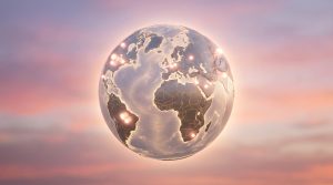 Globe terrestre 3D stylisé avec des continents lumineux et des points incandescents, symbolisant une présence mondiale dans un ciel pastel.