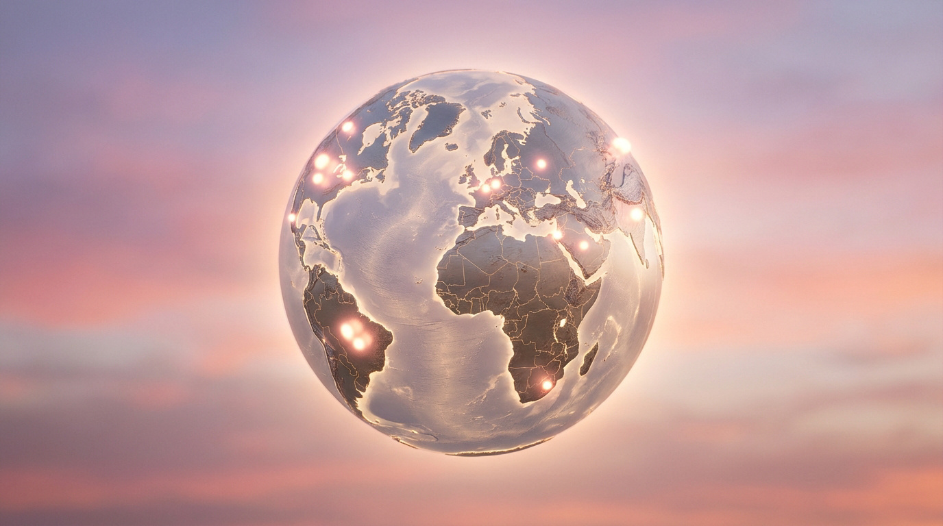 Globe terrestre 3D stylisé avec des continents lumineux et des points incandescents, symbolisant une présence mondiale dans un ciel pastel.