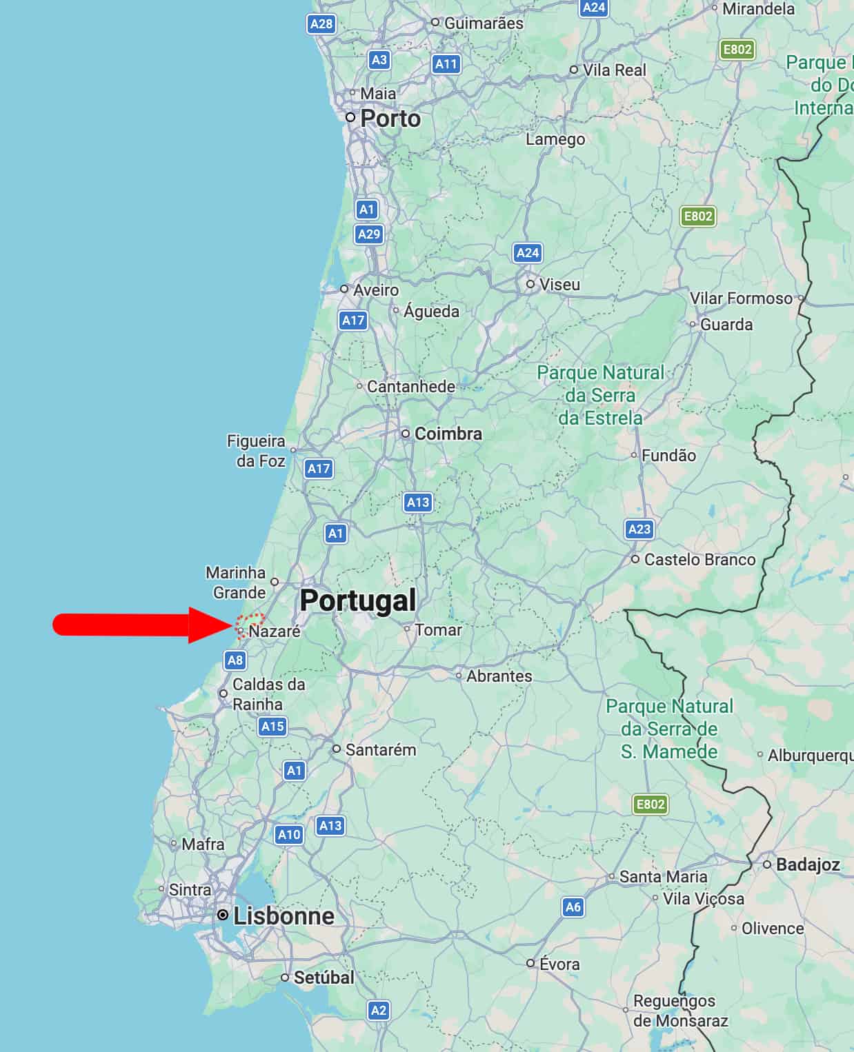 Nazaré au Portugal sur une carte.