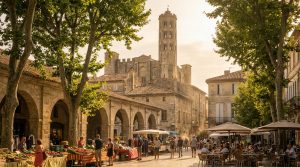 Marché provençal animé sur la Place aux Herbes d'Uzès avec étals de produits frais, platanes, terrasses de café et la Tour Fenestrelle à l'arrière-plan.