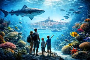 Une famille contemple un aquarium à Marseille.