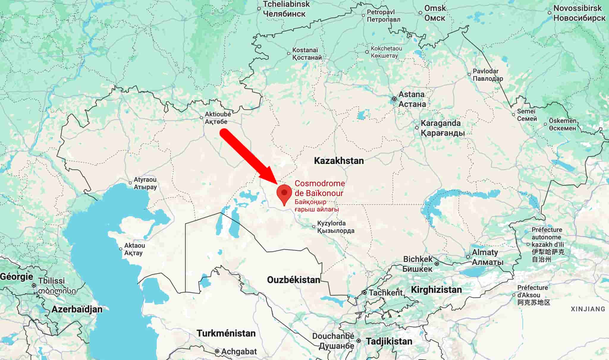 Le cosmodrome de Baykonur sur une carte.