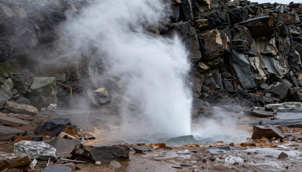 Un geyser projette une colonne d'eau et de vapeur blanche intense contre une paroi rocheuse sombre et déchiquetée dans les Asturies.