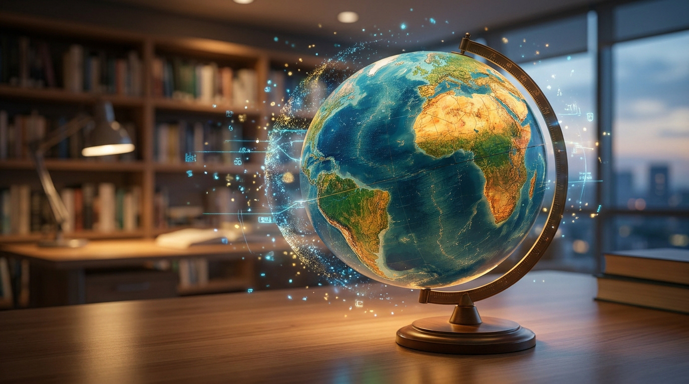Un globe terrestre illuminé par un réseau de données numériques sur un bureau en bois, avec bibliothèque et ville en arrière-plan flou.