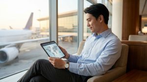 Un homme souriant en chemise bleue planifie son itinéraire sur une tablette dans un salon d'aéroport moderne. Un avion est visible par la fenêtre.