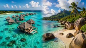 Plages et pilotis aux Maldives ou Seychelles.
