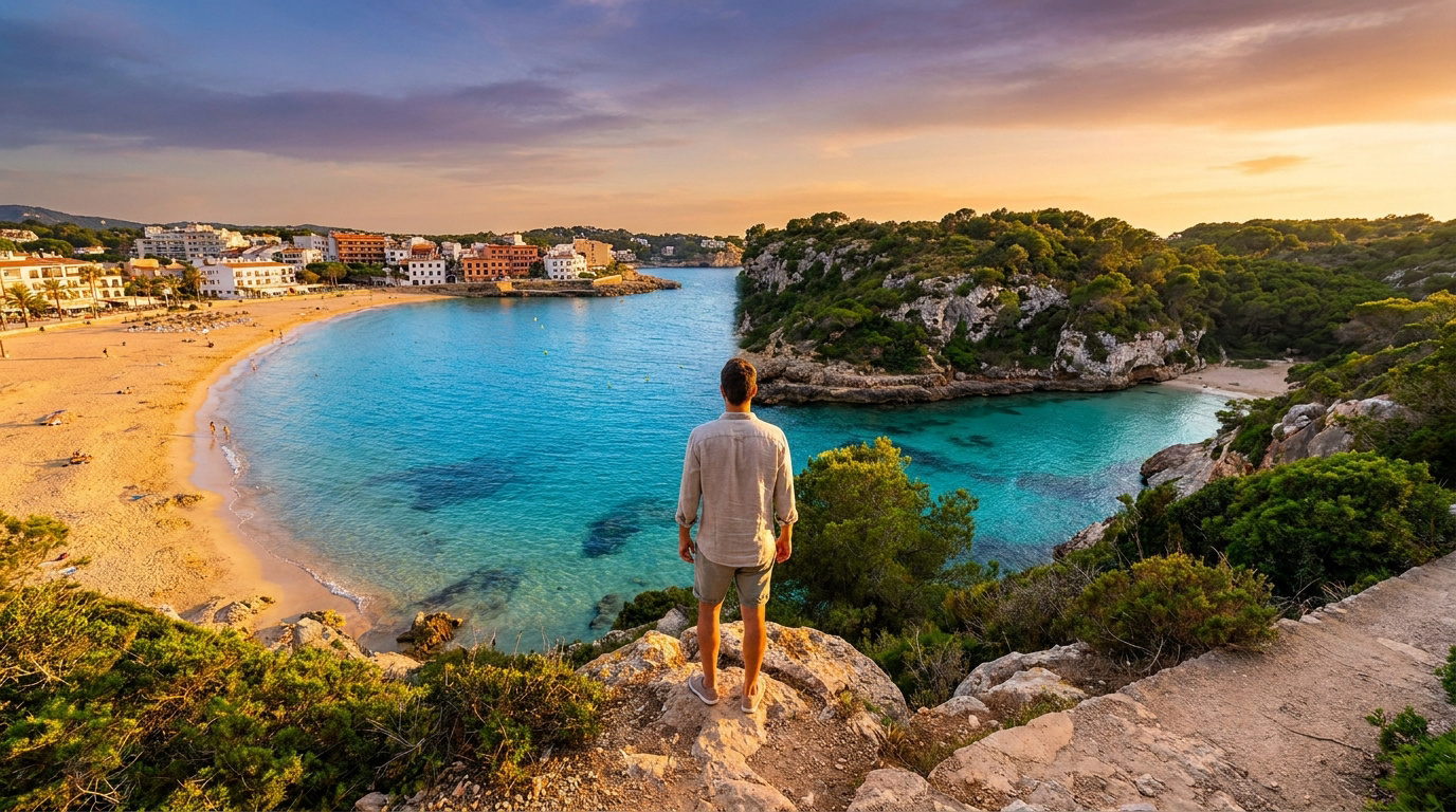 Vue aérienne d'un homme face à une calanque aux eaux turquoise, une plage de sable et un village côtier au soleil couchant.