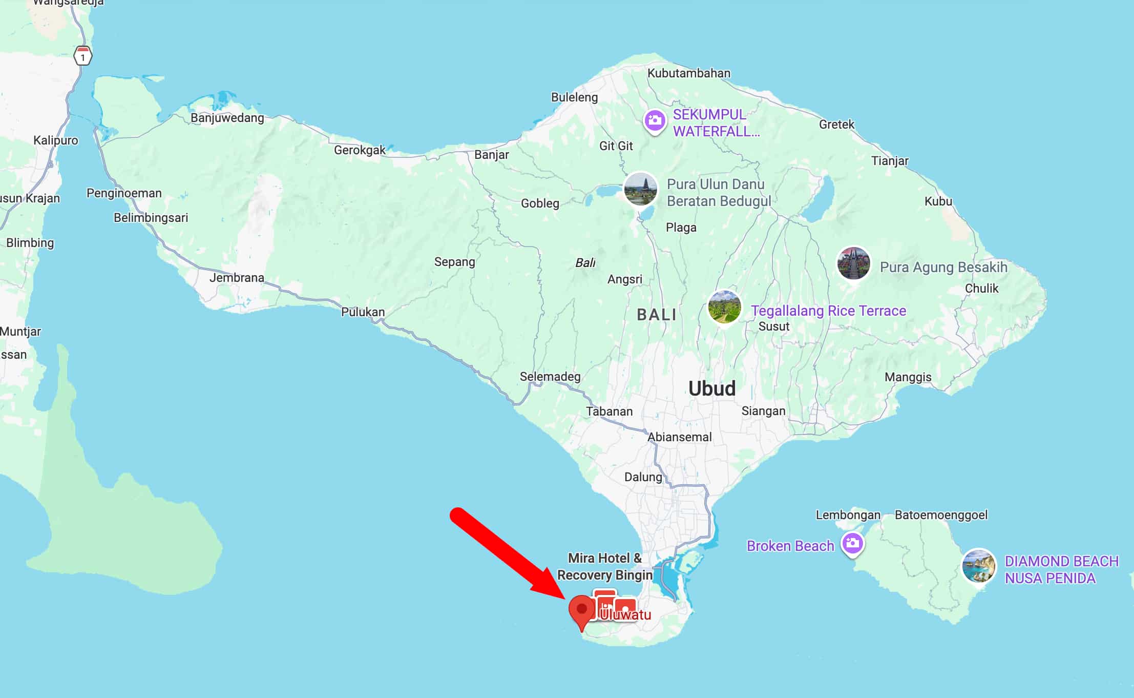 Uluwatu sur une carte à Bali.
