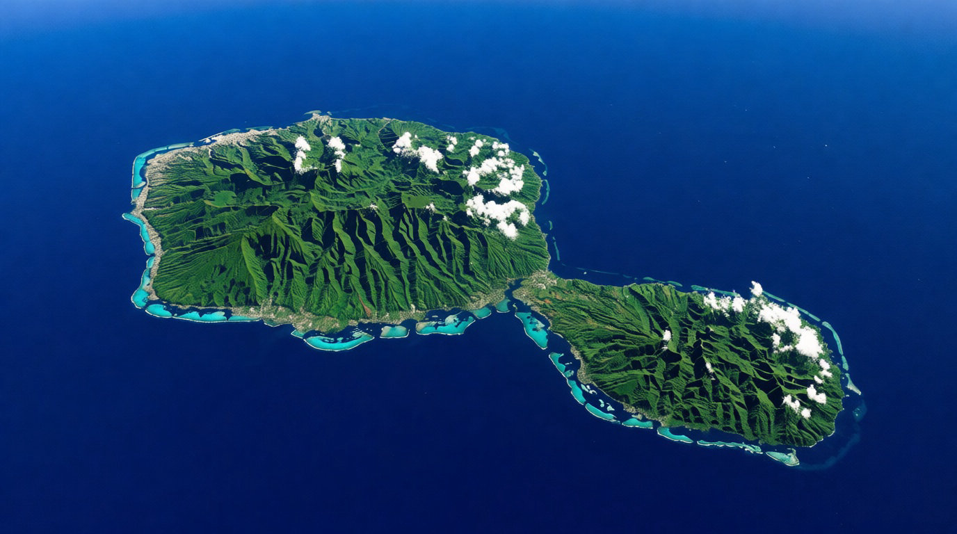 Vue aérienne de l'île de Tahiti, verte et montagneuse, avec ses deux parties distinctes, entourée de récifs et lagons turquoises.
