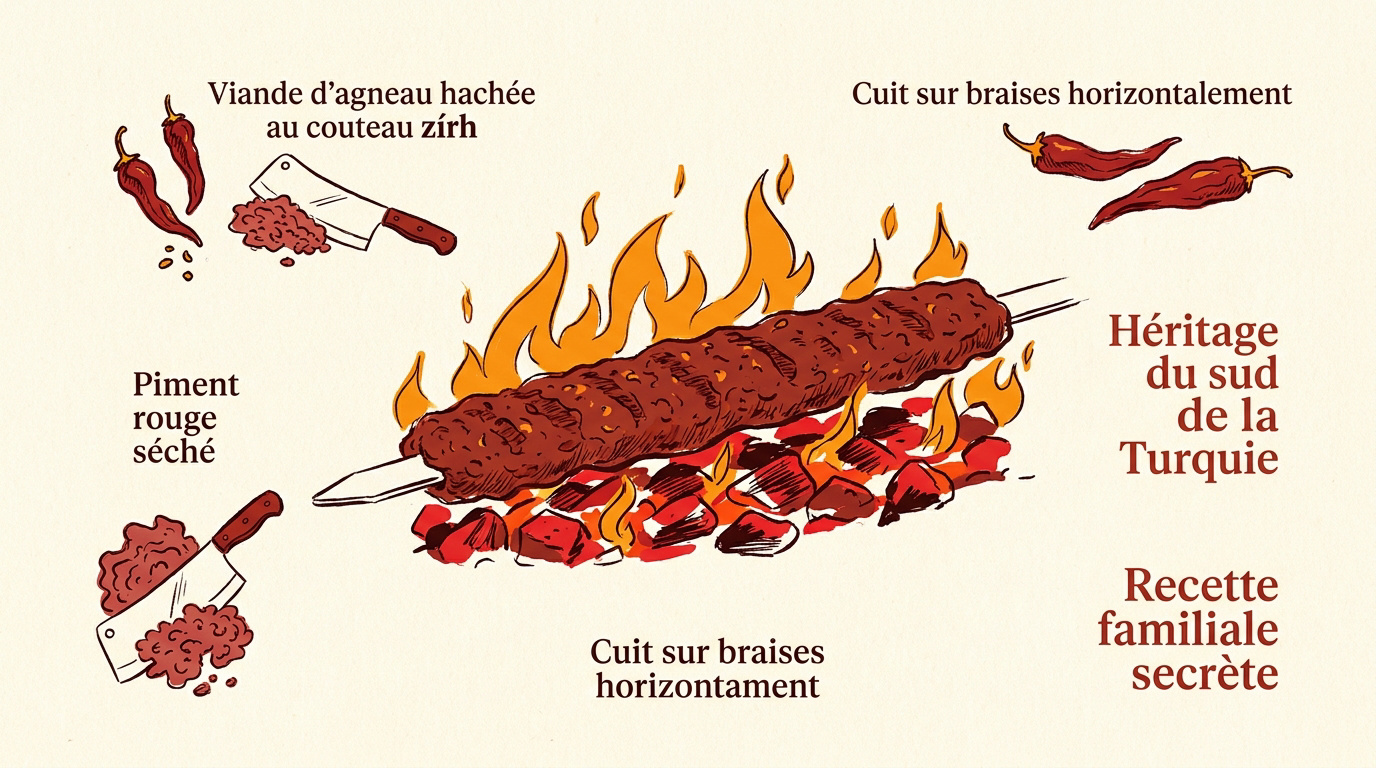 Adana kebab traditionnel grillé sur des braises de charbon de bois