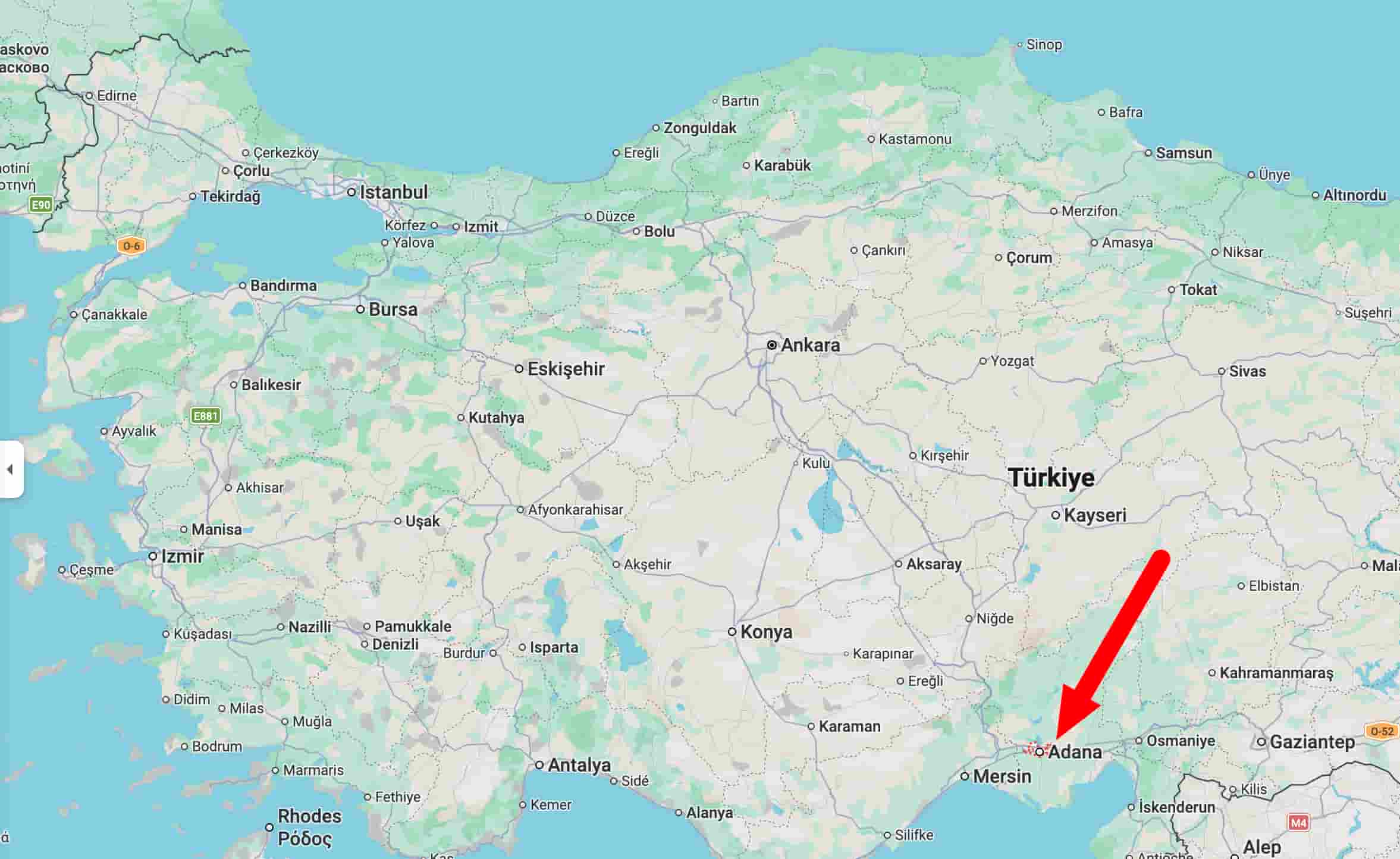 Adana sur une carte en Turquie.