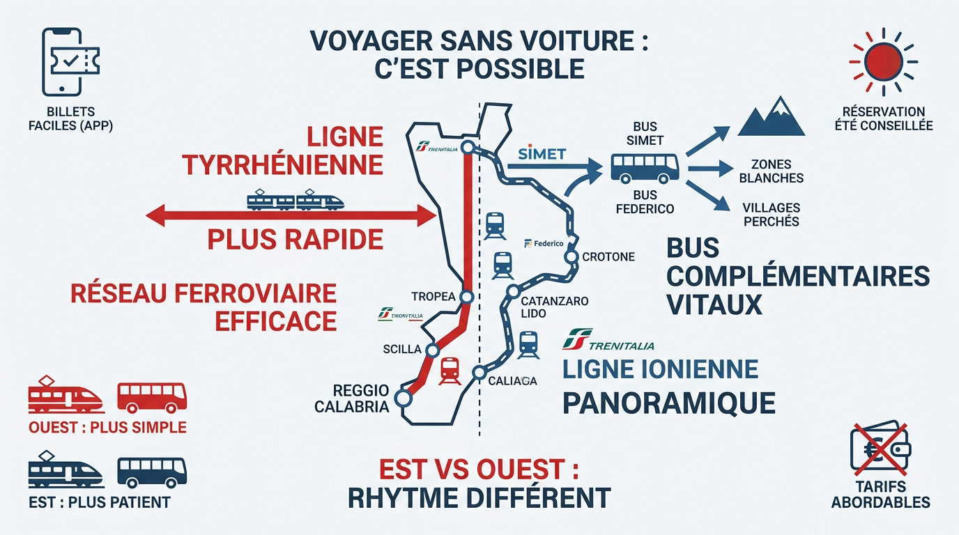 Vue panoramique d'un train longeant la côte de Calabre en Italie