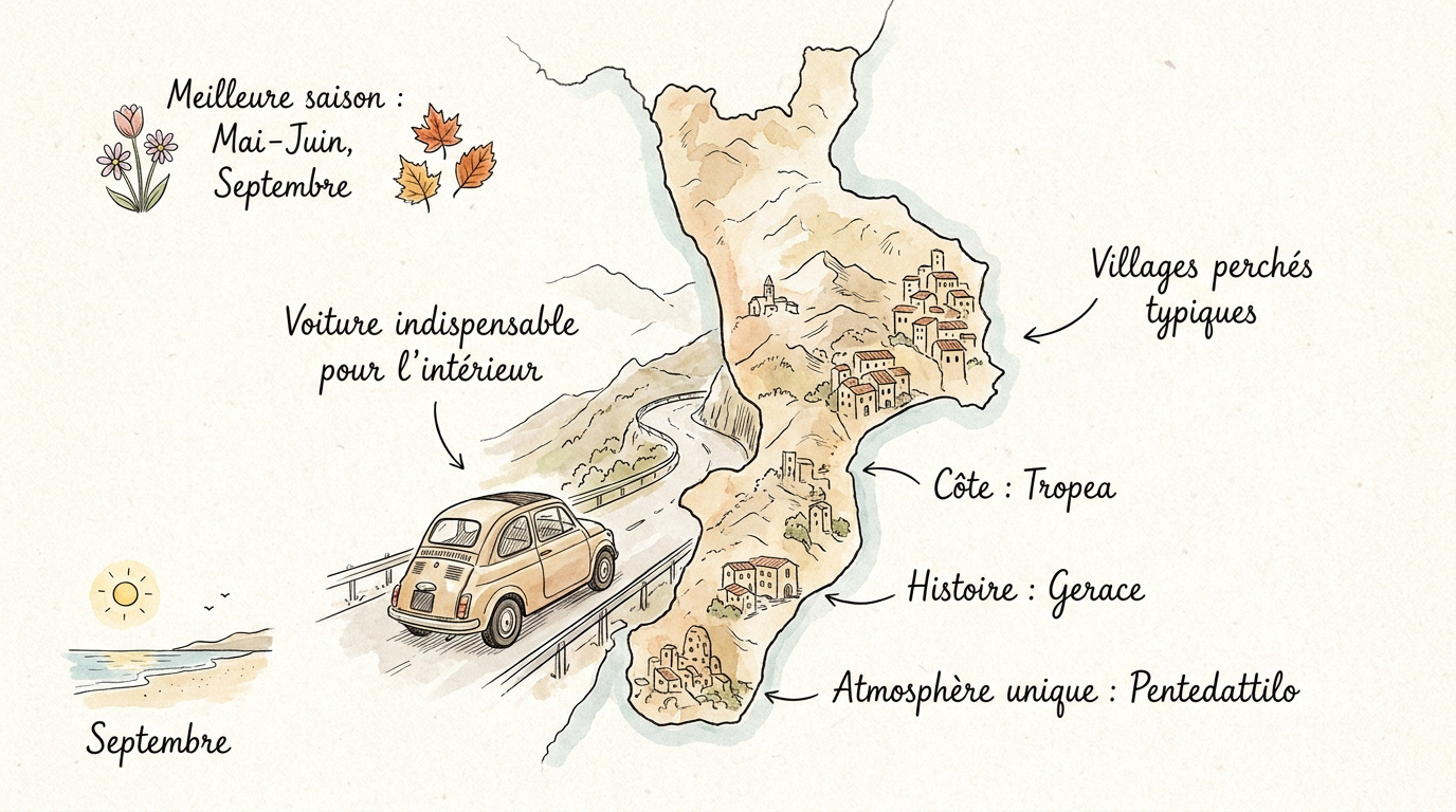 Carte illustrée des villages pittoresques de Calabre entre mer et montagnes
