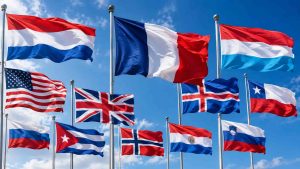 Des drapeaux rouge blanc et bleu.