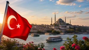 Le drapeau de la Turquie sur le Bosphore.