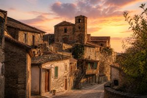 Village historique en pierre en Calabre sous un coucher de soleil doré avec une église ancienne au centre.