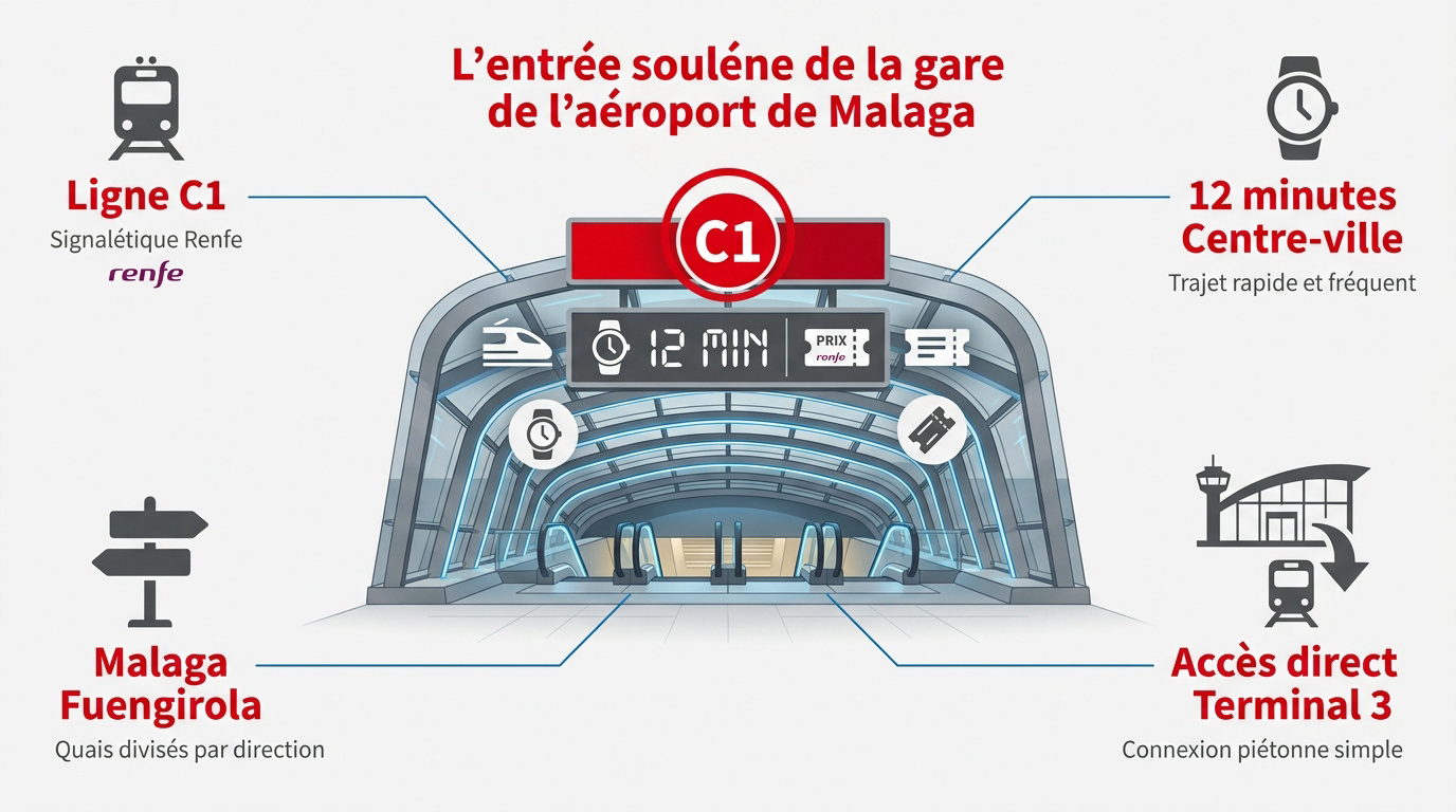 Entrée de la gare ferroviaire de l'aéroport de Malaga face au Terminal 3