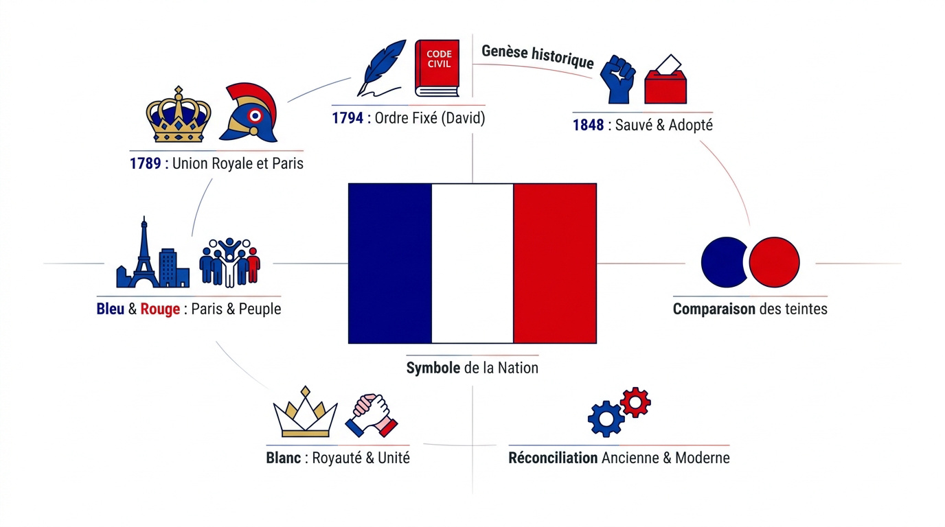 Infographie expliquant la naissance et la symbolique du drapeau bleu blanc rouge français