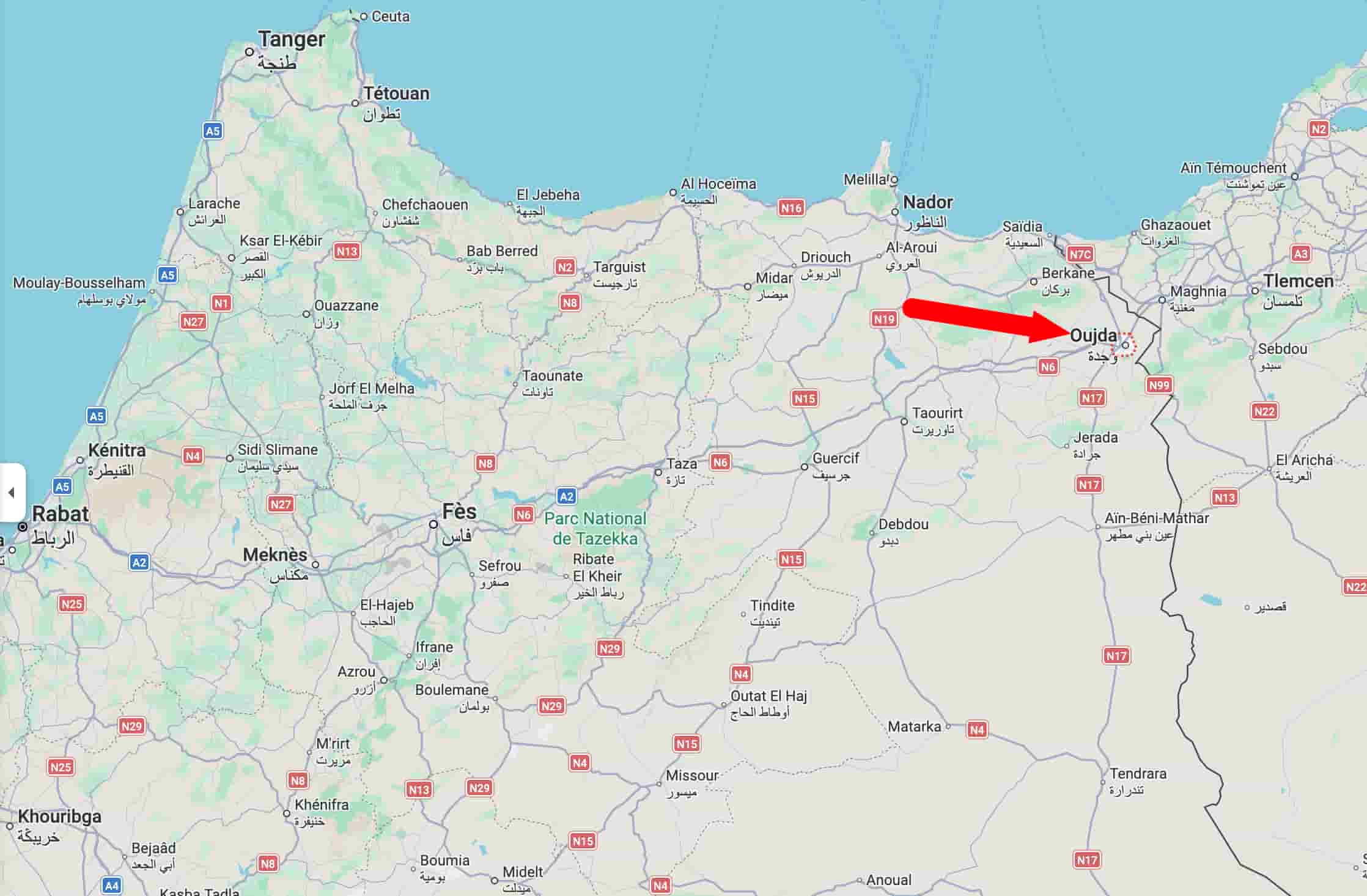La ville d'Oujda sur une carte du Maroc.