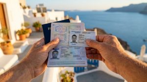 Mains tenant un passeport ouvert et une carte d'identité devant un paysage méditerranéen.