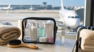 Une trousse de toilette posée sur une table dans un hall d'aéroport.