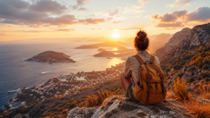 Une femme qui voyage seule en haut d'une montagne avec vue sur mer.