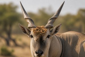 Gros plan sur le visage d'un éland mâle avec des cornes torsadées impressionnantes dans la savane africaine.