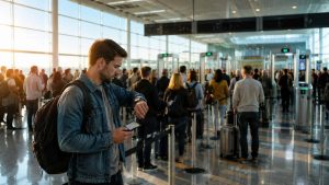 Un homme arrive avant un vol à l'aéroport et regarde sa montre.