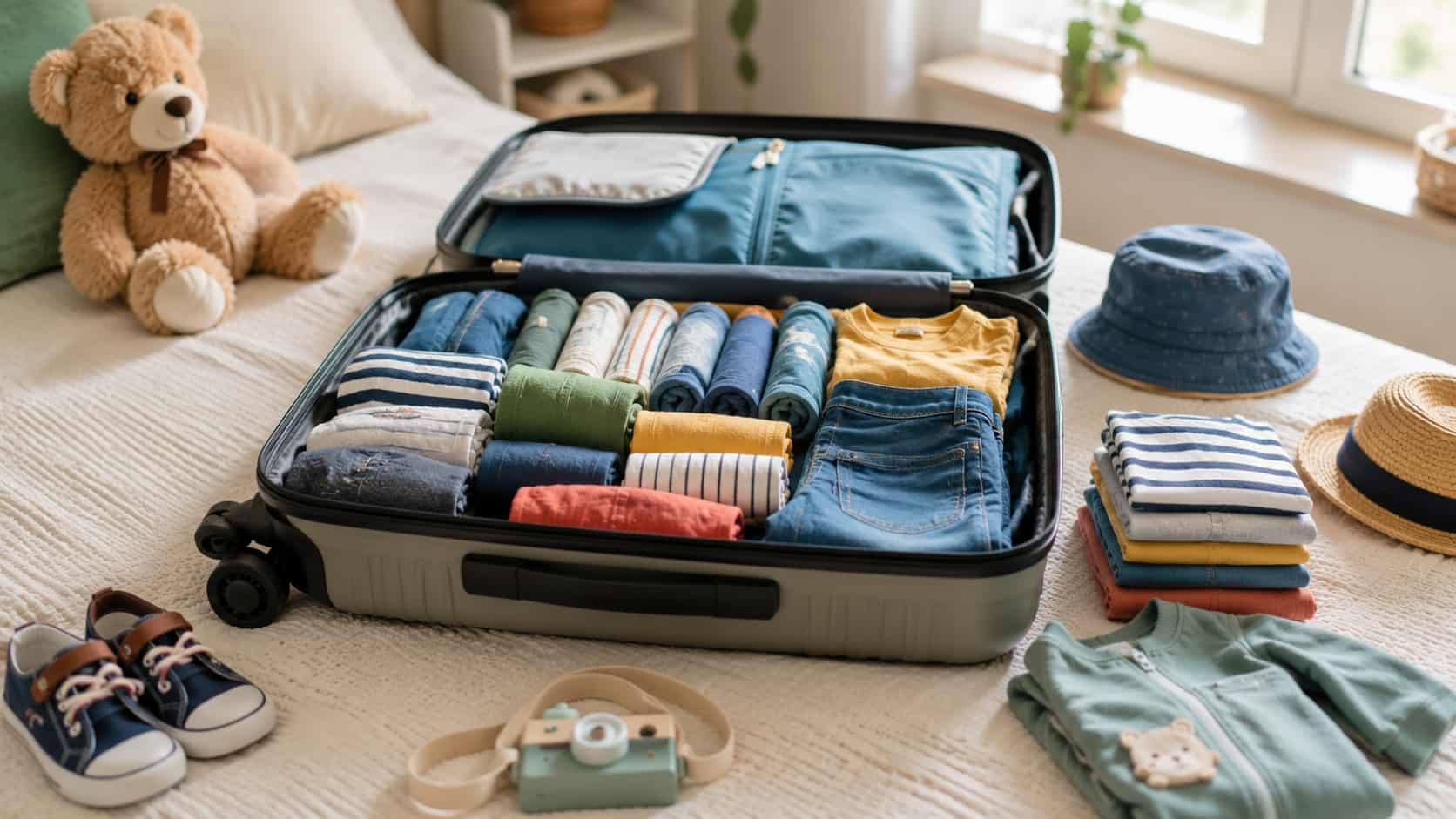 Une valise enfant ouverte sur un lit.