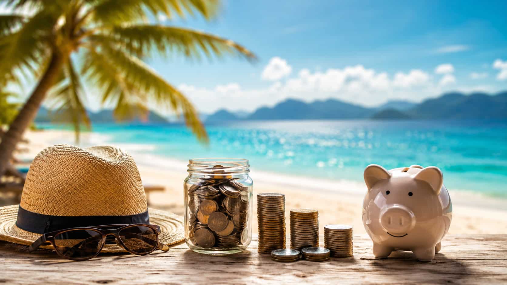 Chapeau, pièces et tirelire au bord de la plage.