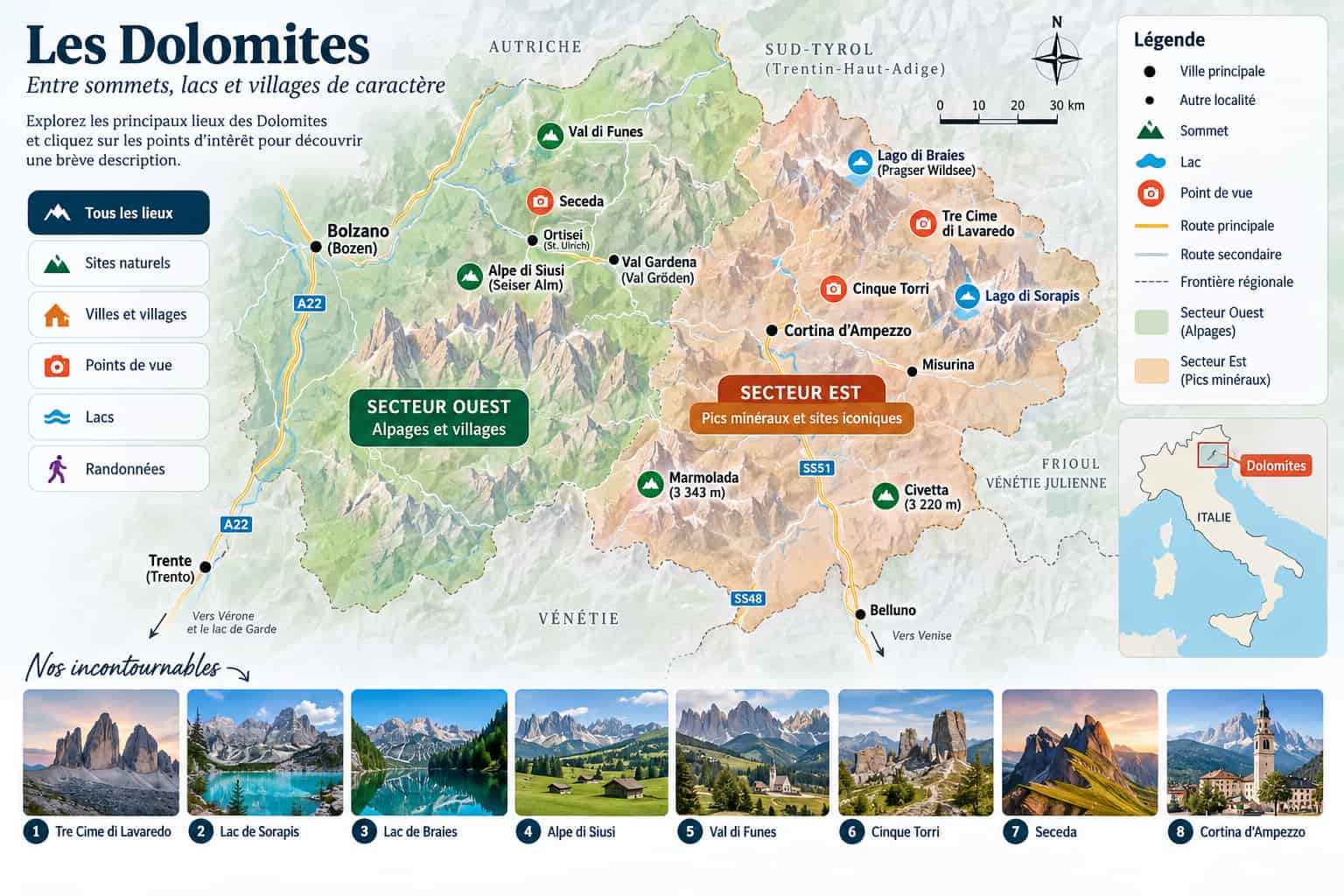 Une carte interactive des Dolomites.