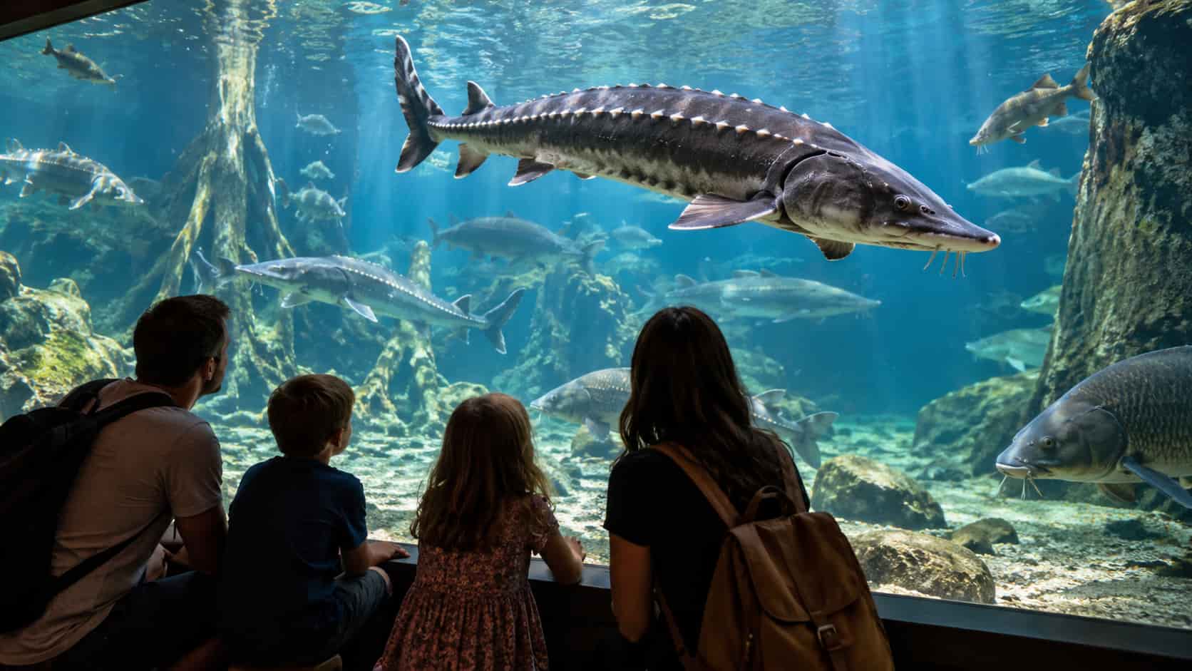 Un esturgeon dans un bassin d'aquarium.
