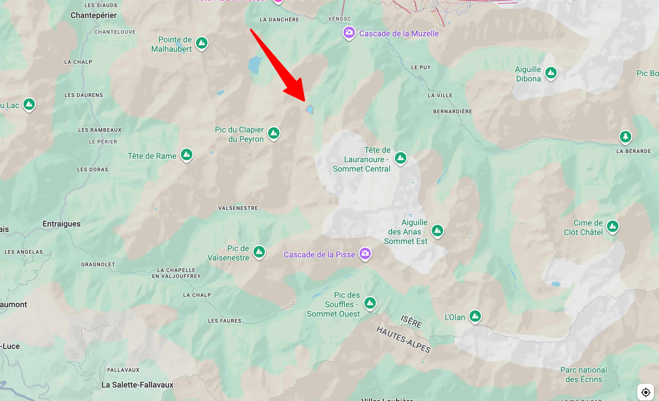 Le lac de la Muzelle sur une carte.