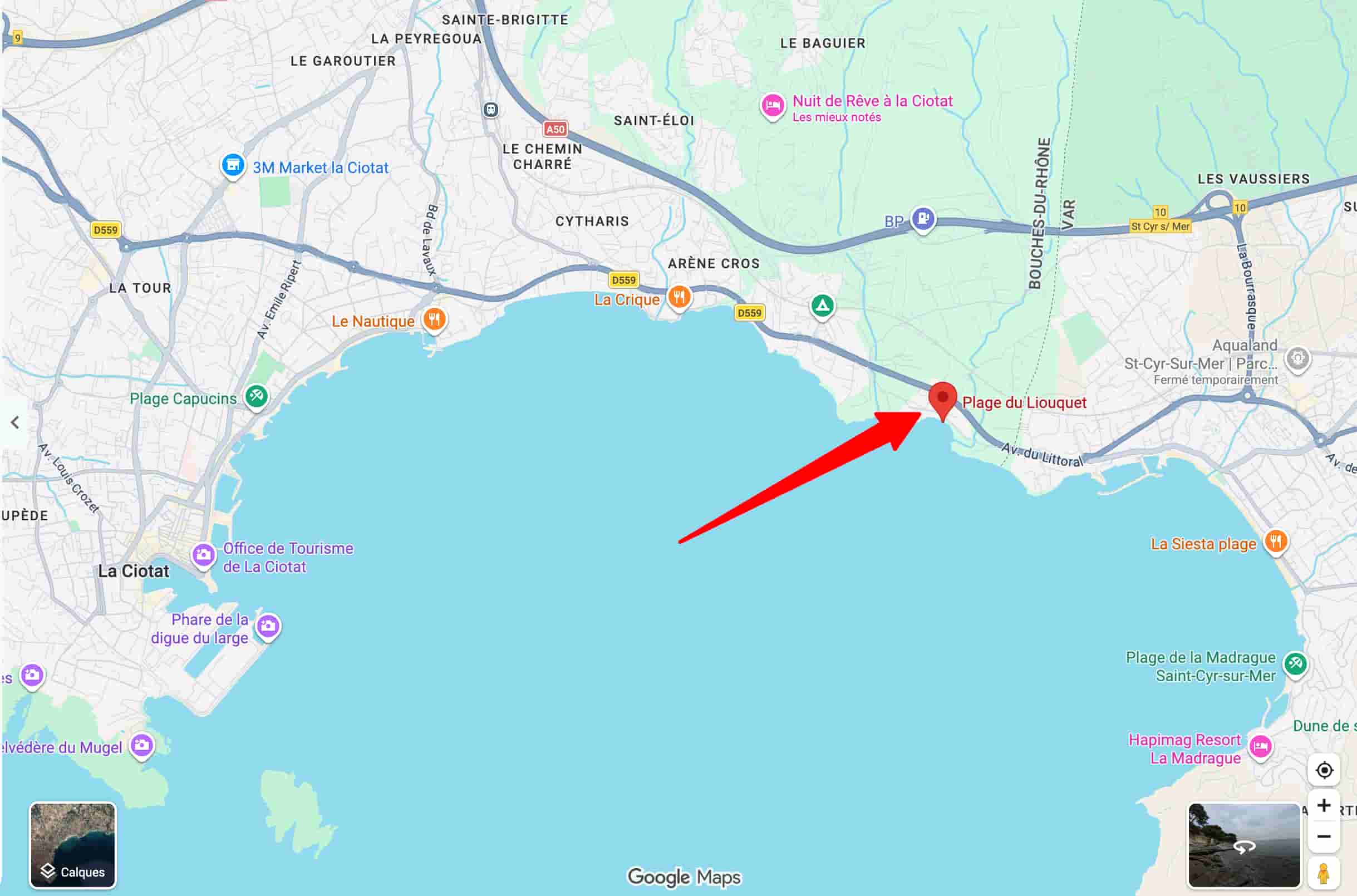 La plage du Liouquet sur une carte Google Maps.