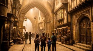 Vue du Chemin de Traverse aux studios Harry Potter avec des visiteurs marchant dans la rue sous des lanternes dorées.
