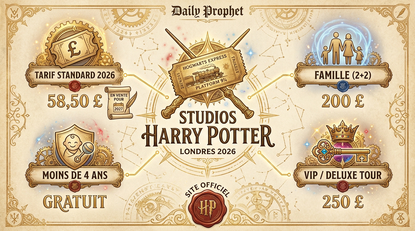 Tableau des tarifs 2026 pour la visite des studios Harry Potter à Londres