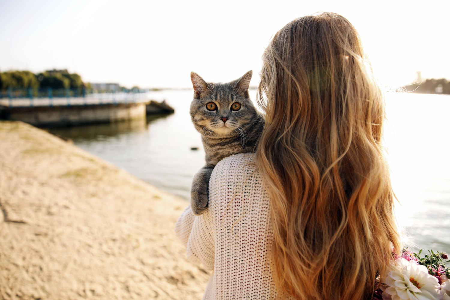 Une jeune fille blonde tient son animal près de la rivière du lac au coucher du soleil sur la plage