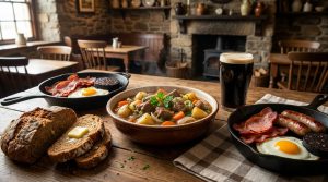 Un ragoût irlandais, un petit-déjeuner complet, du pain au levain et une bière brune sur une table en bois.
