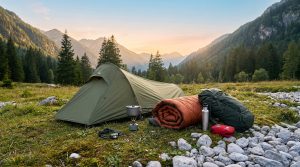 Tente de bivouac, sac de couchage, sac à dos et accessoires posés dans une prairie alpine au coucher du soleil.