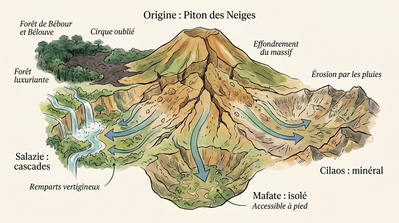 Schéma géologique de la formation des cirques de Mafate, Cilaos et Salazie à La Réunion