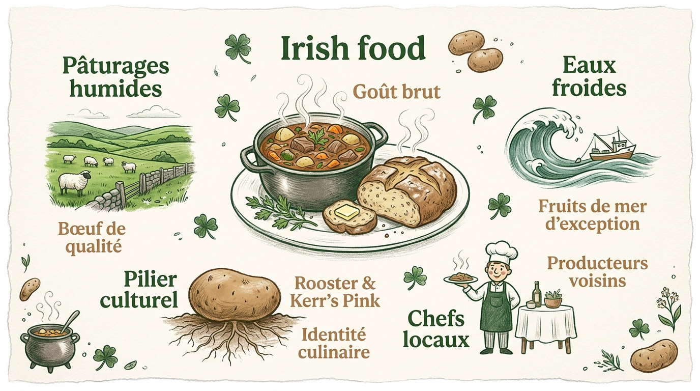 Plats traditionnels de la gastronomie irlandaise avec ragoût et pain de soda
