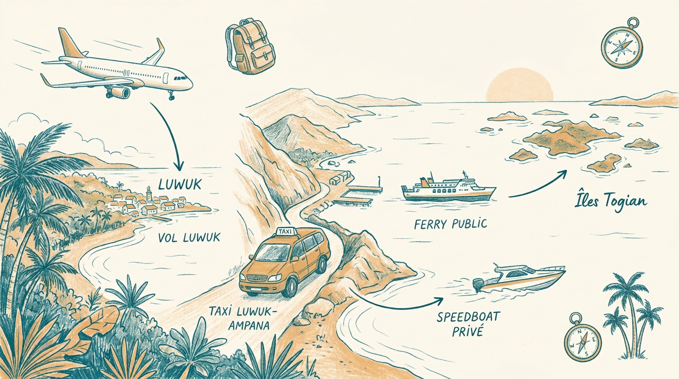 Carte de l'itinéraire vers les îles Togian depuis Luwuk et Ampana