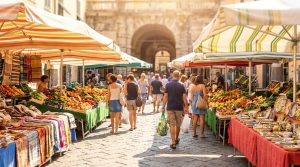 Rue piétonne animée au marché de Vintimille avec des étals de fruits, légumes et tissus sous des tentes colorées.